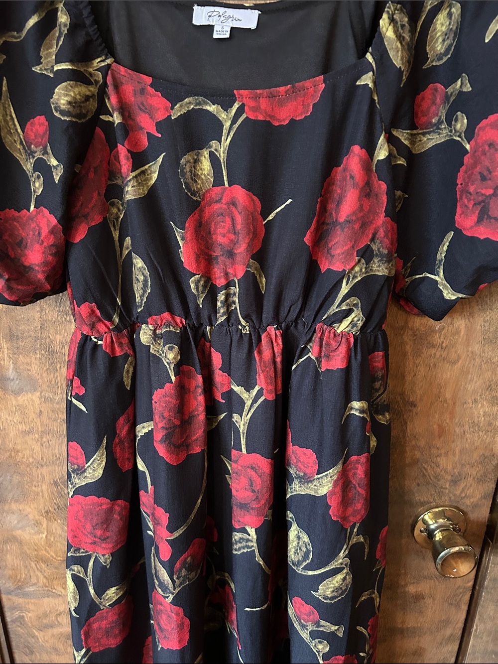 Polagram Black Maxi Dress with Red Rose and Green Leaf Print S - Picture 3 of 4